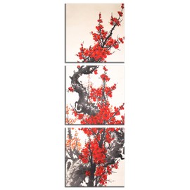 NAN Wind 3 Panels Modern Giclee Canvas Prints Small Size Traditional Chinese Painting of Plum Blossom Canvas Prints Wood Framed Red Plum Blossom Wall Art Plum Flowers Print Painting