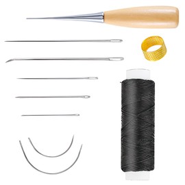 MSKS Leather Sewing Needle 10PCS 12m Waxed Thread (Black) Kit Cord Drilling Awl Thimble Curved Needle for Upholstery Carpet Furs Canvas Repair DIY Leather Hand Stitching Embroidery Bookbinding