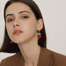 YISXVD Sweet Cute Cherry Green Leaf Earrings for Women Funny Cherry Fruit Drop Dangle Earring Birthday Jewelry (Red)