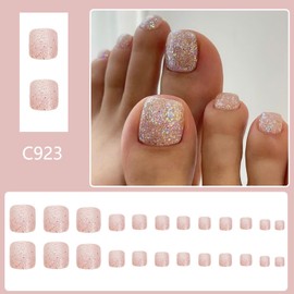 Ballerina Glitter Press on Toenails Short Square Fake Toenails Artificial Acrylic Toe Nails Reusable Full Cover Toe Nails for Women
