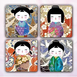 Kokeshi Dolls Japanes Art Washi Patterns Collection Handmade Square Glass Tile Magnets 30mm (1.18") - Set of 4