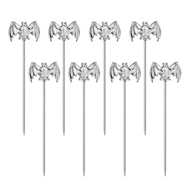 Cocktail Picks Stick, 8pcs Bat Cocktail Toothpicks Stainless Steel Martini Olive Picks for Bar Barbecue Fruit, Bloody Mary Drink Sticks (Silver)