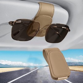 ZYSY Sunglasses Holder for Car Sun Visor, Magnetic Leather Eyeglass Hanger Clip for Car Sun Visor Universal Car Visor Accessories Magnetic Glasses Mount Holder, Ticket Card Clip (Beige)
