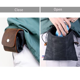 Waxed Canvas Foraging Pouch for Hiking, Collapsible Leather Belt Pouch Waist Bag with Drawstring & Buckle, Multi-Purpose Storage Bag for Outdoors Camping, Easy Looping Around Belts - Black