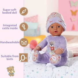BABY born Sleepy for Babies, 30 cm, Soft Rag Doll in Purple with Pull-Down Hat and Integrated Rattle, Washable, from 0 Months, 833438 Zapf Creation