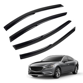 MXSAG 4pcs JDM 3D Wavy MU Style Window Visors Compatible with 2014-2021 Mazda 6 Atenza, Front+Rear Left+Right Outside Mount Type Dark Smoke Tint Tape-On Side Sun Rain Guards Set of 4