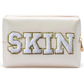 Elehui Skin Makeup Bag Preppy Patch Cosmetic Pouch Chenille Varsity Letter Purse Aesthetic Trendy Stuff Gifts for Teens Girls Women, Cute Pink Travel Skincare Toiletry Storage Organizer