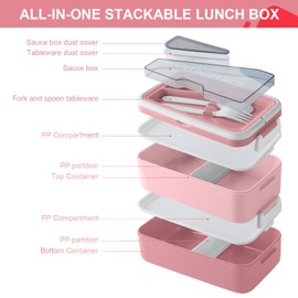 HENSHOW Lunch Box Brotdose 2 Levels, 1600ml Bento Box Auslaufsicher mit Besteck und Saucenbox, 4 Fächer Lunch Box für Erwachsene Männer Frauen, BPA-frei, Mikrowellengeeignet (Rosa)