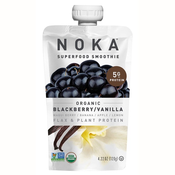 NOKA Superfood Smoothie Pouches (Blackberry Vanilla) 6 Pack | 100% Organic Healthy Fruit And Veggie Squeeze Snack Packs | Meal Replacement | Non GMO, Gluten Free, Vegan, 5g Plant Protein | 4.2oz Each