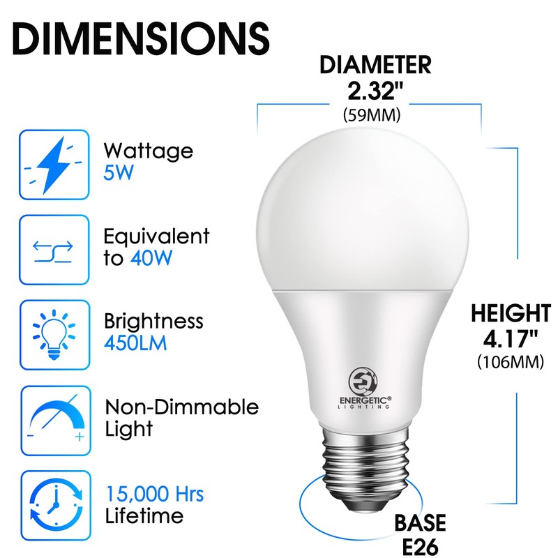 Energetic Lighting 40W Equivalent A19 LED Light Bulb, Soft White