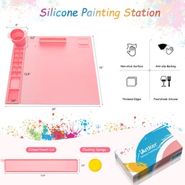 iArtker Silicone Painting Mat with Cup and Palette, 20"×16" Non-Slip Silicone Craft Art Mat with Stand and Lid for Painting, Resin, DIY, Pink