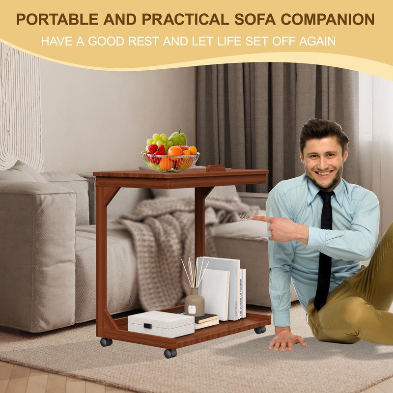WUGCHDA C-Shaped Couch Table, Side Table with 360° Rotating Wheels,