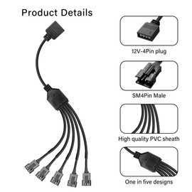 GINTOOYUN 2 PCS 1 to 5 ARGB Splitter Cable 12V 4-Pin Female to Five SM 4-Pin Male Addressable RGB Splitter Cable for LED Light Strips,12V ARGB Fans,Computer Cases,etc(11.8Inch)(Style 8)