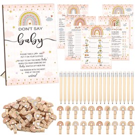 Patelai 321 Pcs Baby Shower Games Supplies, 5 Sets (50 Cards Each) Activities Cards with 20 Pencils 1 Don't Say Baby Sign 50 Clothespin(Boho Style)