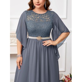 ZOMVA Plus Size Formal Dress Sequin Lace Chiffon A-line Maxi Dress Handkerchief Sleeve Evening Wedding Guest Prom Gown, Gray Blue, with Pearl Belt, 2X