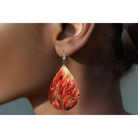 Twisted R Design Phoenix Red Earrings Wood Tear Drop Dangle Printed Jewelry