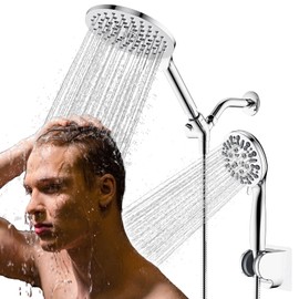 High Pressure Rain/Handheld 3-Way Shower Head Combo,7.48" Adjustable Rain Shower Head, 9-Setting Handheld Shower Head, Built-In Power Wash To Clean Tub & Pets With Holder & 60"Hose - Polished Chrome