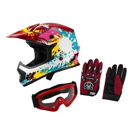 XFMT DOT Youth Kids Motocross Offroad Street Dirt Bike Helmet Motorcycle ATV Full Face Helmet with Goggles Gloves, Spray Graffiti X-Large