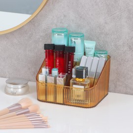 OSteed - Organizador de cepillo para polvo de maquillaje ámbar para cambiador, organizador de encimera de baño, 5 tazas, organizador de artículos de cambiador, almacenamiento y exhibición para cuidado