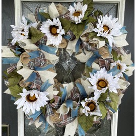 BEAUTIFUL XL Thanksgiving White Sunflower Floral Fall Brown Plaid Cream Blue Deco Mesh Front Door Wreath, Door Hanger, Country Home, Farmhouse Decoration, Porch Sign