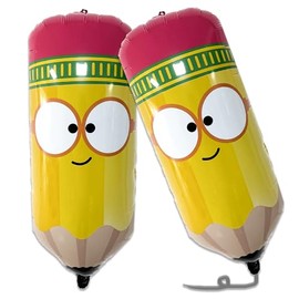 Pencil Shaped Foil Balloons, Yellow, Cartoon Face Design, Back to School Party Decorations, 2 Pack