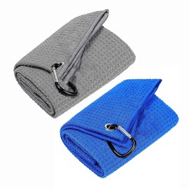 FUBAOLIN 2Pcs Tri-fold Golf Towels Set Absorbent Cleaning Towels Microfiber Waffle Pattern with Carabiner Clip for Hanging on Golf Club Bag(11.8''x11.8'',Blue+Grey)…