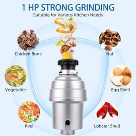 GarveeTech Garbage Disposal 1 Hp, Continuous Feed Noise Insulation Food Waste Disposal, Stainless Steel 4 Stage Grinding, With Dishwasher Connection, Splash Guard, Elbow, for Kitchen Sink, Silver