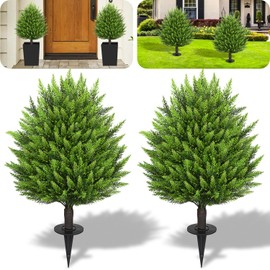 Mydrissu 31" Artificial Cedar Topiary Ball Trees with Ground Spike,2 Pack Fake Pine Shrubs Bushes, UV Resistant Faux Evergreen Cypress Tree Plants for Indoor Outdoor Planters Front Porch Garden Decor