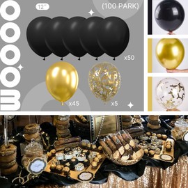 PartyWoo Black and Gold Balloons, 100 pcs 12 Inch Pack of Black Balloons and Gold Metallic Balloons, Latex Balloons for Birthday Decorations, Retirement Party Decorations, New Year's Eve Decorations