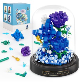 QLT QIAOLETONG Juego de construcción de ramo de flores, 630 piezas de bloques de construcción mini de rosas azules para adultos, colección botánica de flores para decoración del hogar, regalo del Día