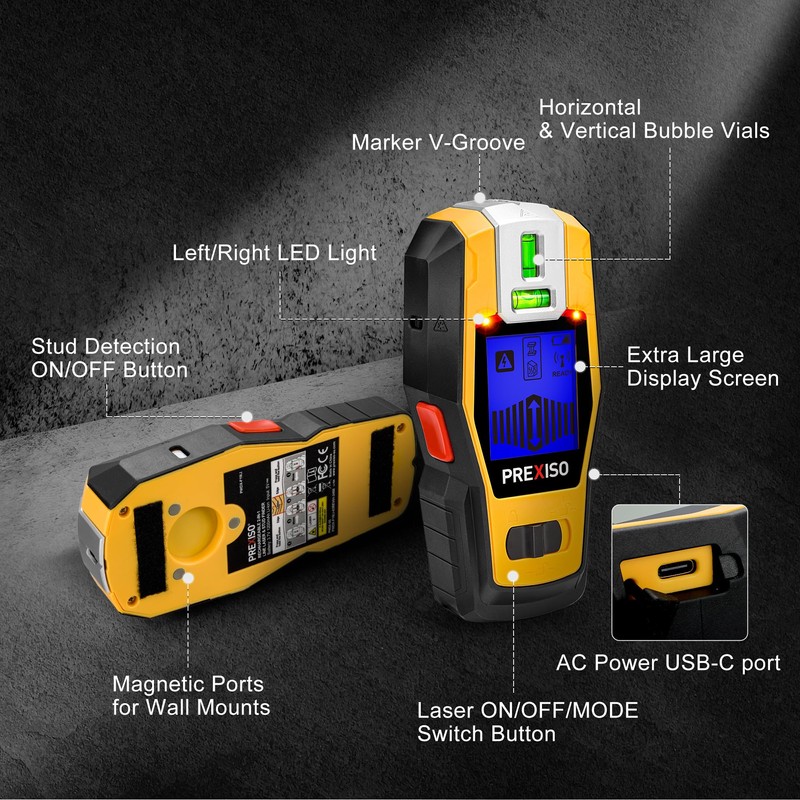 PREXISO 2-in-1 Stud Finder with Laser Level, Rechargeable Multi Surface