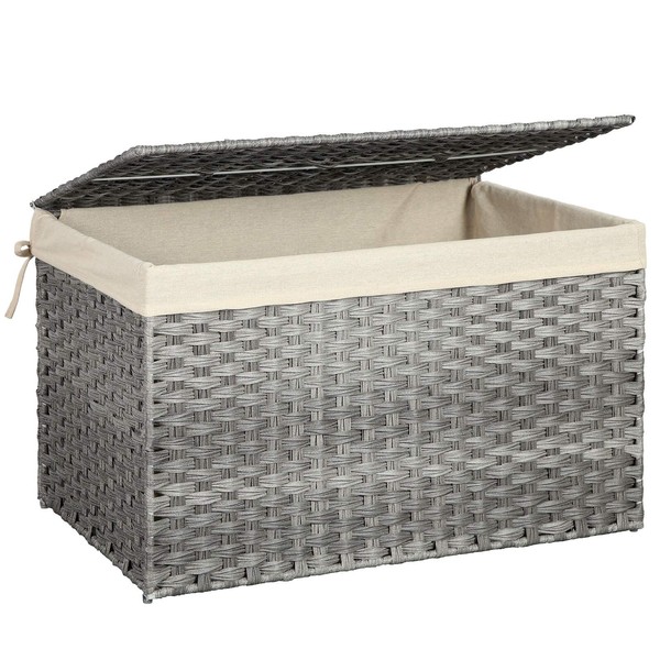 SONGMICS Storage Basket with Lid, 42.3 Gallon (160L) Storage Bin, Woven Blanket Storage Basket with Handles, Foldable, Removable Liner, Metal Frame, for Bedroom, Laundry Room, Gray URST76WG