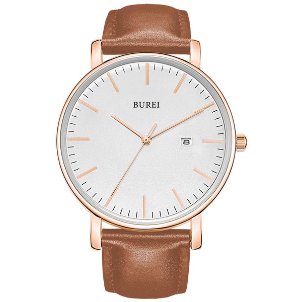 BUREI Men's Watch, Leather, Brand, Simple, Waterproof, Analog, Business, Men's