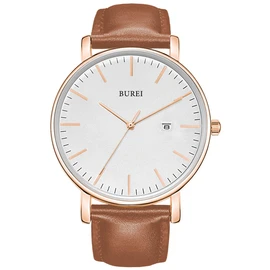 BUREI Men's Watch, Leather, Brand, Simple, Waterproof, Analog, Business, Men's Watch, Popular, Date, Quartz, Stylish, Thin, brown rose gold, Quartz Watch