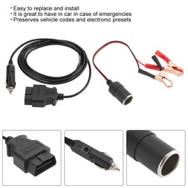Emergency 12V Power Supply Cable, Memory Saver with Clip, OBD II Vehicle ECU Interface Connector for Cars, Retains Codes, Easy Installation