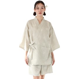 ON NISHIKI Women's Jinbei, Absorbent, Quick Drying, Cool, Festivals, Fireworks Display, Bon Dance, Room Wear, Open Front, Refreshing, S/M/L, pearl grey with iris, S