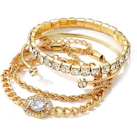 Gold Bracelets for Women, 14K Gold Plated Dainty Layered Chain Bracelets Adjustable Cute Bangle Link Bracelet Set:_4pcs Gold Bracelet