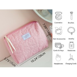 Kallsi Makeup Bag for Women, Quilted Cosmetic Bag, Travel Pouch, Cute Make Up Bags Organizer, Preppy Toiletry Bag with Zipper Pink