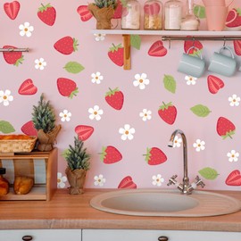 Buer Homie Cute Strawberry and White Flower Wall Stickers, Pink Girls Room Decor, Wall Stickers for Kitchen, Bathroom(S)