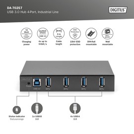DIGITUS USB Hub - 4 Ports - 4x USB-A - USB 3.0-5 Gbps - USB SuperSpeed - 15 kV ESD Protection - DIN Rail Mounting - Industrial Series - Black