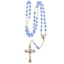 Sapphire Blue Austrian Crystal Catholic Prayer Rosary (September) -Includes rosary pouch, "How to Pray the Rosary" & birth month meaning - Communion, Reconciliation, Confirmation, more