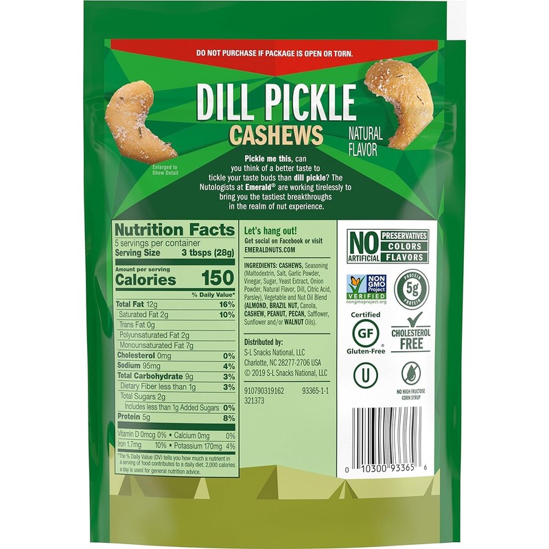 Emerald Nuts, Dill Pickle Seasoned Cashews, 5 Oz, Resealable Bag