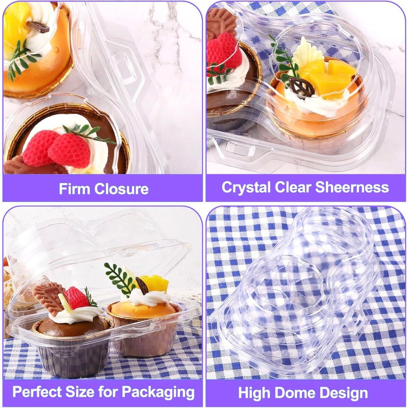 PLMMOUT 50Pack 2 Compartment Cupcake Containers,Stackable Cupcake Boxes,2 Cavity Clear