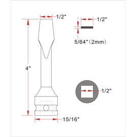 1/2-inch Drive Slotted Screwdriver Bit Socket, Heat-Treated Cr-Mo Alloy Steel, 1/2" Width x 5/64" Thickness Tip