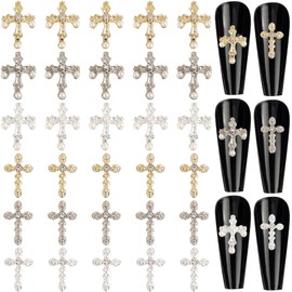 CRASPIRE 30Pcs 6 Styles Cross Nail Charms 3D Y2K Luxury Nail Gems Set Metal Alloy Rhinestone Pearl Flat Gothic Vintage Punk Studs Decor for Women Nail Art DIY Crafts Jewelry Christmas Decor Cellphone