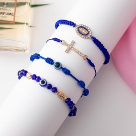 Handmade Braided & Beaded Bracelet Set 4pcs/ set - Fashion Matching & Adjustable Size Cross Decor Accessories for Daily Wear:_green set 