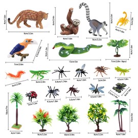 kukifun - 26 cifras de animales de la selva tropical, juguetes realistas de animales de la selva con perezoso de serpiente, leopardo, overol, pájaro, insectos, árboles, para niños, educativo
