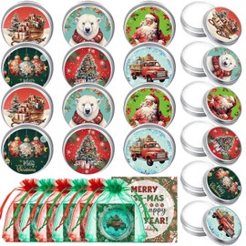 48 Set Canned Christmas Lip Balms Set Round Honey Christmas Moisturizing Moisturizer Lip Care Balm Party Favors with Bag Card for Xmas Holiday Stocking Stuffers Employee Appreciation Gifts