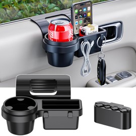Extra Hanging Car Door Window Cup Holder with Storage Organizer Tray | Coin Holder Change Organizer Fits Most Vehicles, Trucks Interior Accessories - Black, 2 Pack