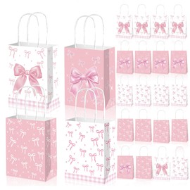 CIEHER 24 Pack Coquette Gift Bags Pink Bow Goodie Bags with Handles Thank You Gift Bags for Birthday, Bachelorette & Baby Shower Party Supplies - Style B